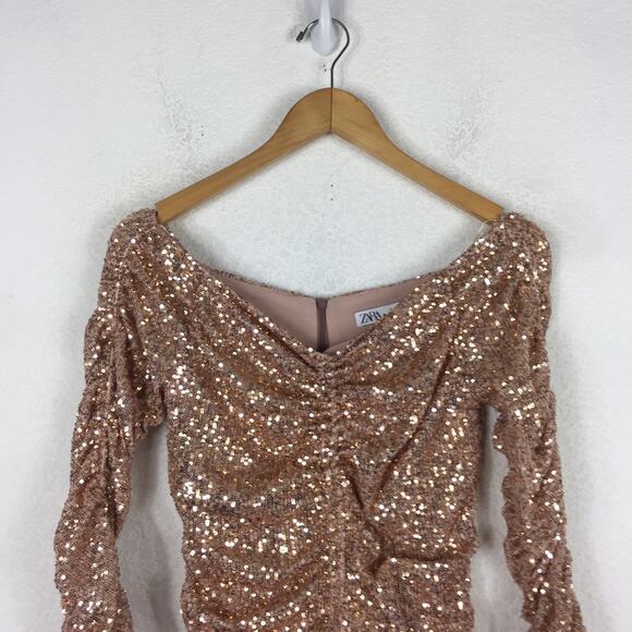 Zara Rose Gold Sequin Long Sleeve Ruched Mini Dress Small Cocktail Off Shoulder - Picture 4 of 16